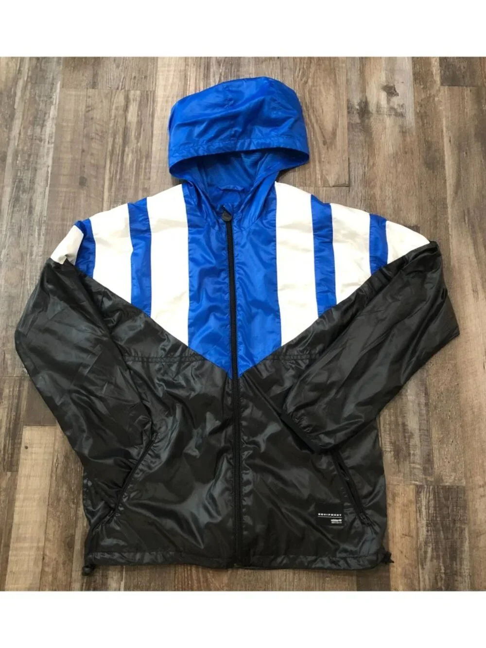 Rare Adidas Equipment Youth XL Black Blue & White Hooded Windbreaker Jacket